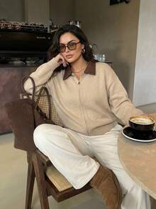 Dazy Plus Contrast Collar Loose Long Sleeve Double Zipper Old Money Style Cardigan Spring Fall - Khaki - View 1