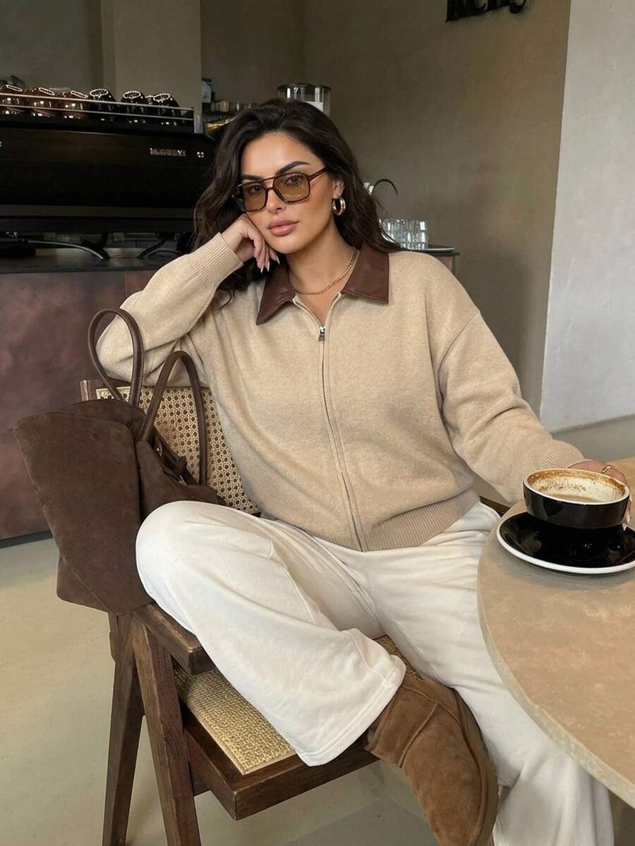 Dazy Plus Contrast Collar Loose Long Sleeve Double Zipper Old Money Style Cardigan Spring Fall - Khaki - View 1