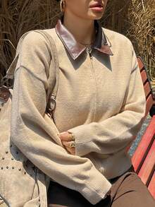 Dazy Plus Contrast Collar Loose Long Sleeve Double Zipper Old Money Style Cardigan Spring Fall - Khaki - View 6