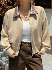 Dazy Plus Contrast Collar Loose Long Sleeve Double Zipper Old Money Style Cardigan Spring Fall - Khaki - View 7