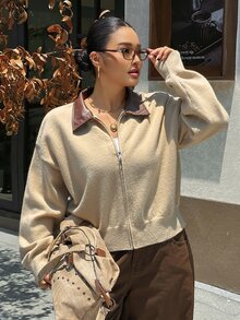 Dazy Plus Contrast Collar Loose Long Sleeve Double Zipper Old Money Style Cardigan Spring Fall - Khaki - View 5