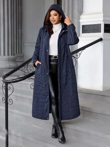 SHEIN Clasi Plus Size Women Solid Color Casual Daily Wear Winter Hooded Padded Coat - Navy Blue - View 5