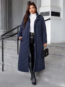 SHEIN Clasi Plus Size Women Solid Color Casual Daily Wear Winter Hooded Padded Coat - Navy Blue - View 9