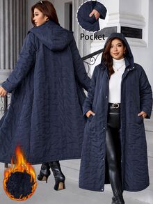 SHEIN Clasi Plus Size Women Solid Color Casual Daily Wear Winter Hooded Padded Coat - Navy Blue - View 1