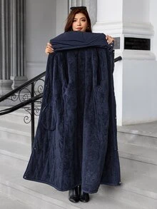 SHEIN Clasi Plus Size Women Solid Color Casual Daily Wear Winter Hooded Padded Coat - Navy Blue - View 10