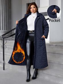 SHEIN Clasi Plus Size Women Solid Color Casual Daily Wear Winter Hooded Padded Coat - Navy Blue - View 6