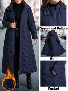 SHEIN Clasi Plus Size Women Solid Color Casual Daily Wear Winter Hooded Padded Coat - Navy Blue - View 13