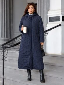 SHEIN Clasi Plus Size Women Solid Color Casual Daily Wear Winter Hooded Padded Coat - Navy Blue - View 11