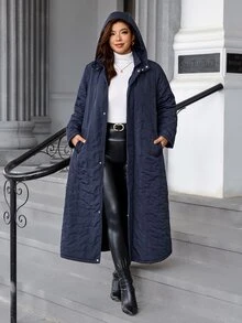 SHEIN Clasi Plus Size Women Solid Color Casual Daily Wear Winter Hooded Padded Coat - Navy Blue - View 12