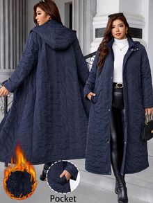 SHEIN Clasi Plus Size Women Solid Color Casual Daily Wear Winter Hooded Padded Coat - Navy Blue - View 4