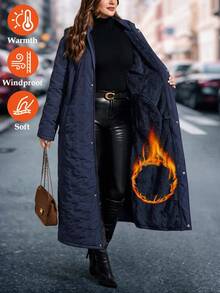 SHEIN Clasi Plus Size Women Solid Color Casual Daily Wear Winter Hooded Padded Coat - Navy Blue - View 3