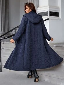 SHEIN Clasi Plus Size Women Solid Color Casual Daily Wear Winter Hooded Padded Coat - Navy Blue - View 2