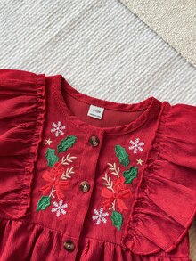 SHEIN Vintaside Kids 2件組女嬰燈芯絨洋裝，可愛甜美酒紅色刺繡花朵蝴蝶結荷葉邊長袖圓領鈕扣式，適合派對、冬季、假日與秋季穿著 - 紅色 - 查看 7