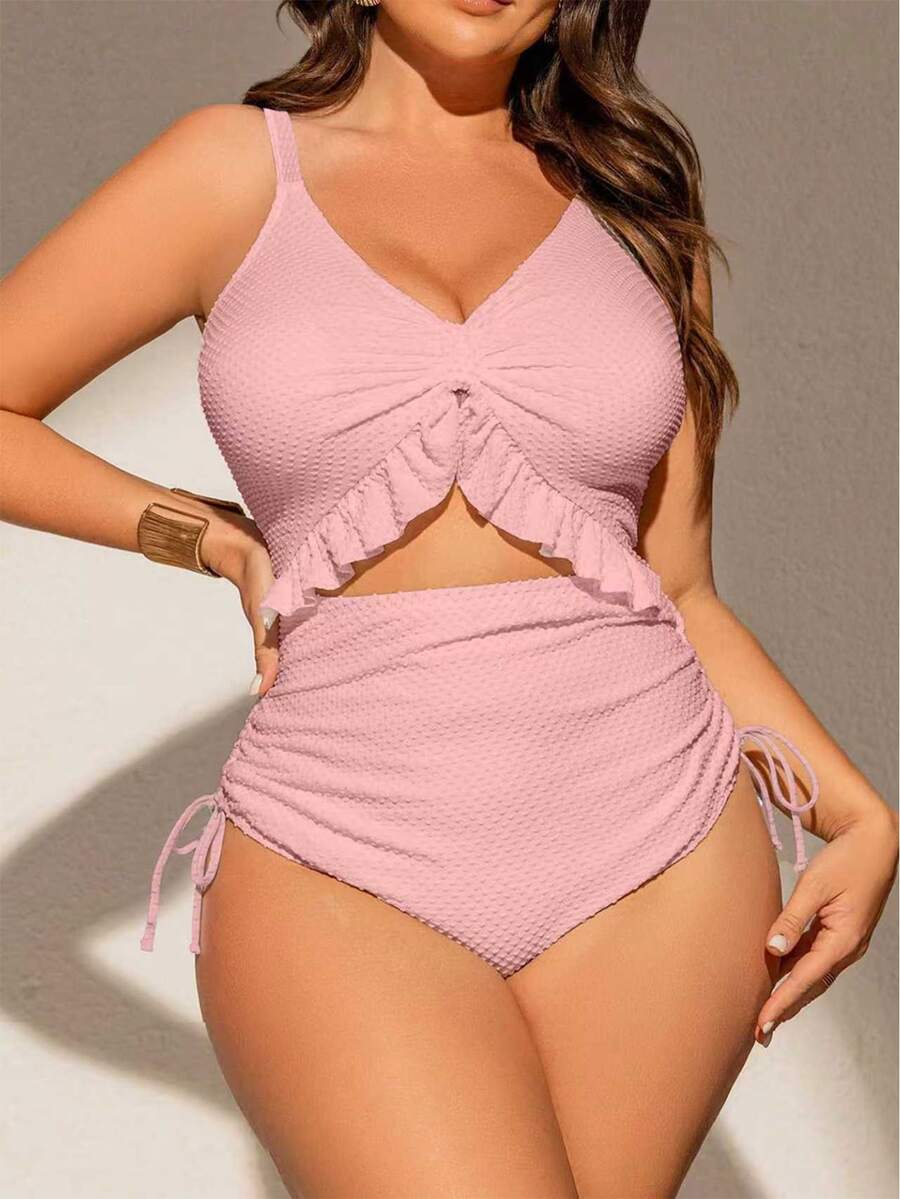 Swim Chiccia Plus Size Women Pink One-Piece Swimsuit,Deep V-Neck,Adjustable Straps,Removable Pads,Ruffle Hem,Drawstring Waist,Summer Beach Holiday Holiday Swimwear - Pink - View 1