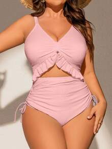 Swim Chiccia Plus Size Women Pink One-Piece Swimsuit,Deep V-Neck,Adjustable Straps,Removable Pads,Ruffle Hem,Drawstring Waist,Summer Beach Holiday Holiday Swimwear - Pink - View 3