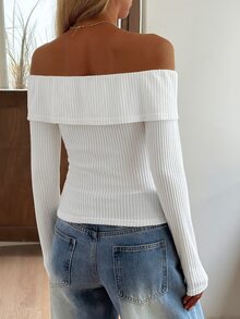 Livesso Kaos Dalaman Kasual Longgar Lengan Pendek Leher Bulat Warna Putih Polos untuk Wanita, Atasan Model Bahu Terbuka. - Putih - View 2