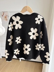 SHEIN 青少年女孩毛衣 V 領套頭針織上衣，設計感緹花 3D 花卉圖案，舒適柔軟，黑色、駱駝色、米色，百搭甜美休閒簡約，適合秋冬日常穿著、旅行、出遊、派對、戶外玩耍、野餐 - 彩色 - 查看 2