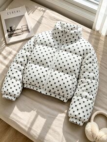 SHEIN 青少年女孩燈芯絨波點短版立領冬季外套 - 白色 - 查看 8