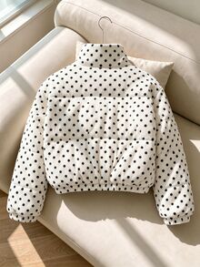 SHEIN 青少年女孩燈芯絨波點短版立領冬季外套 - 白色 - 查看 2