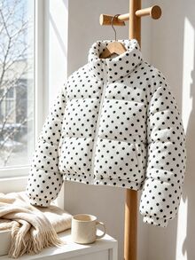 SHEIN 青少年女孩燈芯絨波點短版立領冬季外套 - 白色 - 查看 7