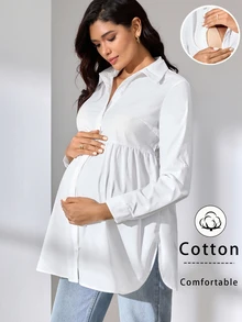 MaterniWear 办公室、商务孕妇工作服休闲纯色哺乳上衣，适合孕妇，秋季哺乳期孕妇棉质衬衫 - 白色 - 查看 2