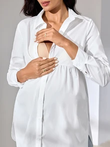 MaterniWear 办公室、商务孕妇工作服休闲纯色哺乳上衣，适合孕妇，秋季哺乳期孕妇棉质衬衫 - 白色 - 查看 5