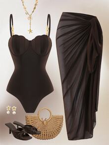 Swim Oasis 2026 Spring/Summer Plus Size Women's Brown Solid Color Fashionable Sexy Hard Cup Design One-Piece Swimsuit + Wrap Skirt High-End Beach Set - Brown - View 1