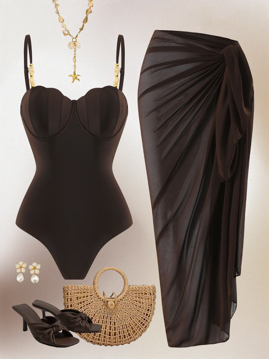 Swim Oasis 2026 Spring/Summer Plus Size Women's Brown Solid Color Fashionable Sexy Hard Cup Design One-Piece Swimsuit + Wrap Skirt High-End Beach Set - Brown - View 1