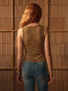 MOTF STUDIO 女款V領雪尼爾蕾絲彈性背心 - 綠色 - 查看 7