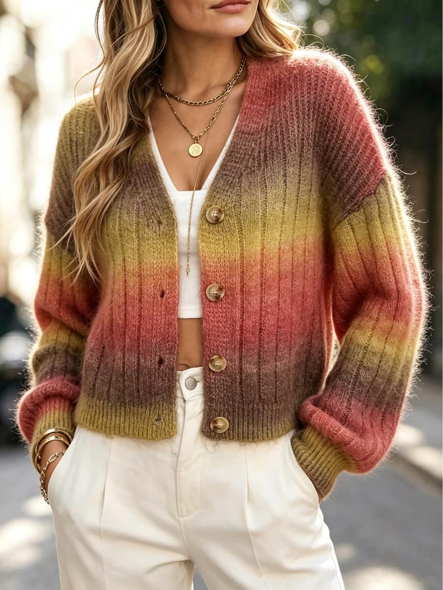 EMERY ROSE Women's Ginger Button Long Sleeve Printed Simple Fashionable Leisure Feeling Mohair Blend Cardigan Sweater Fall Winter Outerwear Top - Ginger - View 1