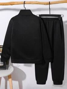 SHEIN 兒童青少年男孩休閒韓系寬鬆運動字母印花黑色半拉鍊夾克外套與運動長褲2件套，適合通勤、上學、日常休閒外出、運動，秋冬穿著 - 黑色 - 查看 3