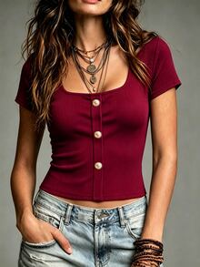 Franclia Women's Minimalist Solid Apricot Square Neck Short Sleeve Elastic Slim Fit T-Shirt, Suitable For Daily Wear, Button Decor, Minimalist Design, Summer, Versatile - Burgundy - View 1