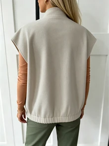 EMERY ROSE Women's Solid Color Wool Fabric Design Sleeveless Dropped Shoulder Stand Collar With Pockets High-End Elegant Casual Professional Office Outfit Autumn - Apricot - View 2