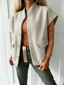 EMERY ROSE Women's Solid Color Wool Fabric Design Sleeveless Dropped Shoulder Stand Collar With Pockets High-End Elegant Casual Professional Office Outfit Autumn - Apricot - View 3