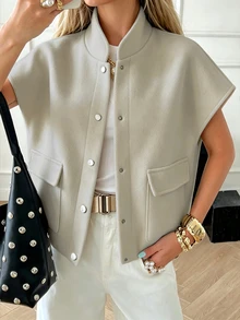 EMERY ROSE Women's Solid Color Wool Fabric Design Sleeveless Dropped Shoulder Stand Collar With Pockets High-End Elegant Casual Professional Office Outfit Autumn - Apricot - View 1