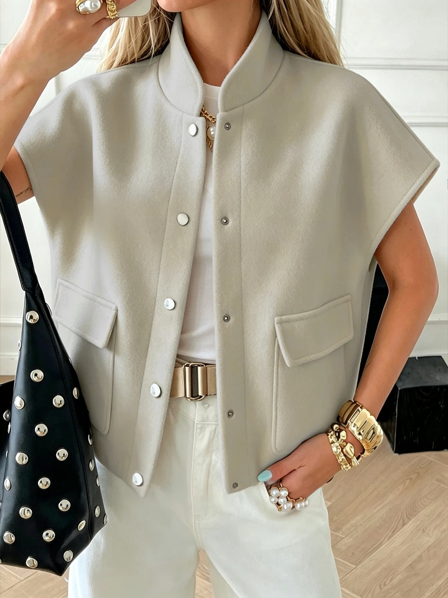 EMERY ROSE Women's Solid Color Wool Fabric Design Sleeveless Dropped Shoulder Stand Collar With Pockets High-End Elegant Casual Professional Office Outfit Autumn - Apricot - View 1