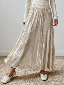 Louniche Luxury Beige Shiny Ruched High Waist Elastic A-Line Maxi Dress Women Flowy Draping Versatile Autumn Winter Long Brunch Vacation French Elegant - Gold - View 4