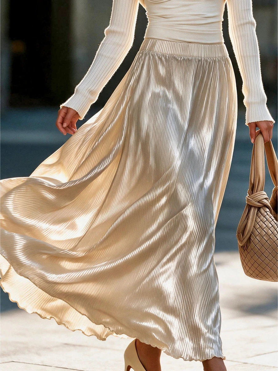 Louniche Luxury Beige Shiny Ruched High Waist Elastic A-Line Maxi Dress Women Flowy Draping Versatile Autumn Winter Long Brunch Vacation French Elegant - Gold - View 1