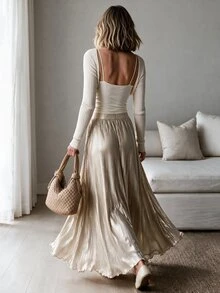 Louniche Luxury Beige Shiny Ruched High Waist Elastic A-Line Maxi Dress Women Flowy Draping Versatile Autumn Winter Long Brunch Vacation French Elegant - Gold - View 2