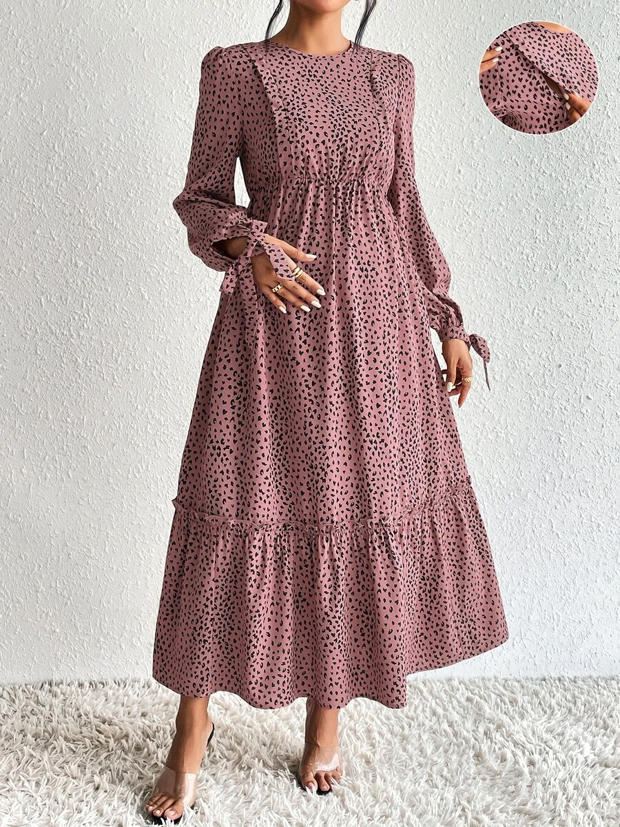 SHEIN Maternity All-Over Print Nursing Dress For Casual, Party And Travel - Dusty Pink - View 1