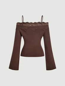 SHEIN MOD Sweater Wanita untuk Liburan dengan Motif Renda dan Patchwork, Tali Bahu Tipis, dan Bahu Terbuka. - Coffee Brown - View 2