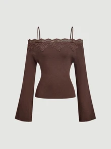SHEIN MOD Sweater Wanita untuk Liburan dengan Motif Renda dan Patchwork, Tali Bahu Tipis, dan Bahu Terbuka. - Coffee Brown - View 1