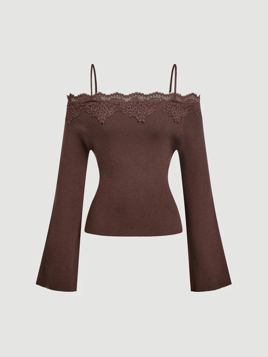 SHEIN MOD Sweater Wanita untuk Liburan dengan Motif Renda dan Patchwork, Tali Bahu Tipis, dan Bahu Terbuka. - Coffee Brown - View 1