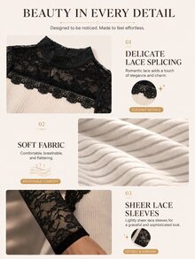 Modelyn 2026 Ribbed Long Sleeve Women's Long Dress Lace Patchwork Bodycon Dress Autumn/Winter White Social Clothing - Apricot - View 7