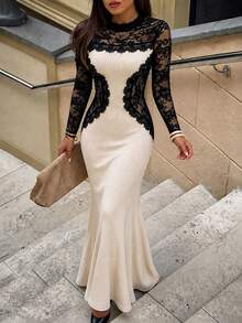 Modelyn 2026 Ribbed Long Sleeve Women's Long Dress Lace Patchwork Bodycon Dress Autumn/Winter White Social Clothing - Apricot - View 4