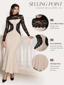 Modelyn 2026 Ribbed Long Sleeve Women's Long Dress Lace Patchwork Bodycon Dress Autumn/Winter White Social Clothing - Apricot - View 8
