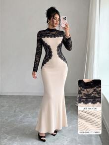 Modelyn 2026 Ribbed Long Sleeve Women's Long Dress Lace Patchwork Bodycon Dress Autumn/Winter White Social Clothing - Apricot - View 5