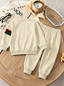 Young Boys Loose Fit Sports Casual Comfortable Long Sleeve Sweatshirt And Pants 2 Pieces Set, Suitable For Autumn/Winter, Classic Retro Color Block Pattern Print, Delicate Small Logo Pattern Print - Multicolor - View 3