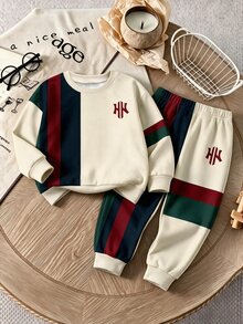 Young Boys Loose Fit Sports Casual Comfortable Long Sleeve Sweatshirt And Pants 2 Pieces Set, Suitable For Autumn/Winter, Classic Retro Color Block Pattern Print, Delicate Small Logo Pattern Print - Multicolor - View 5