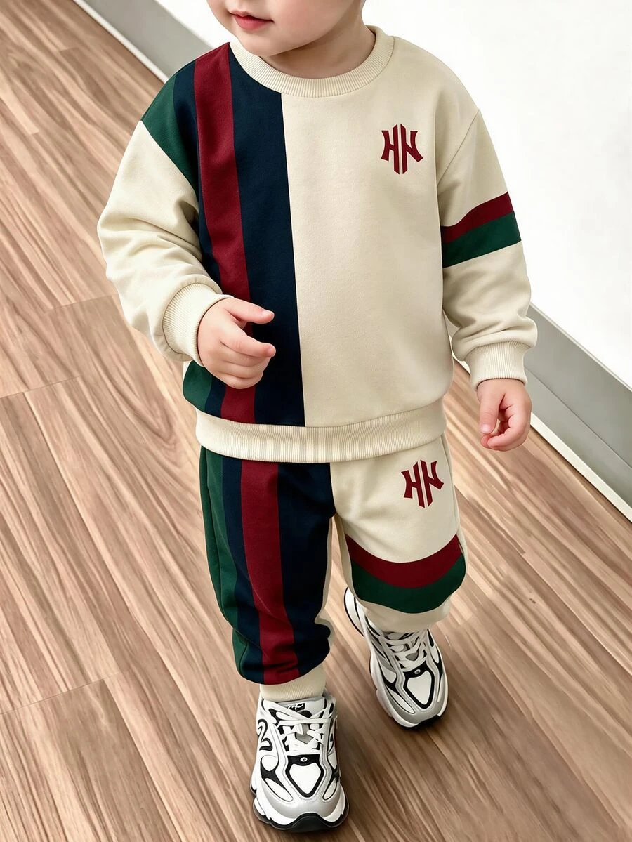 Young Boys Loose Fit Sports Casual Comfortable Long Sleeve Sweatshirt And Pants 2 Pieces Set, Suitable For Autumn/Winter, Classic Retro Color Block Pattern Print, Delicate Small Logo Pattern Print - Multicolor - View 1